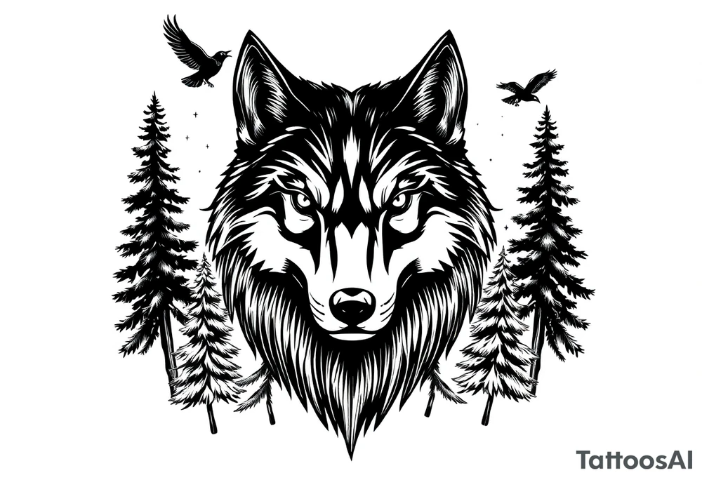 Wolf head surrounded by large pine trees growing from black ground and small ravens flying overhead tattoo idea