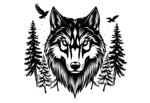 Wolf head surrounded by large pine trees growing from black ground and small ravens flying overhead tattoo idea
