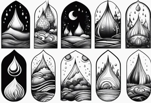 Big water Drops. In each Drop you can see a small world or Universe such as landscapes, Villages, Sky. tattoo idea