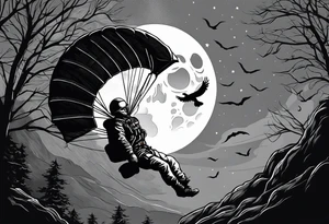 Parachutist under canopy in front of a full moon. The moon looks like a skull tattoo idea
