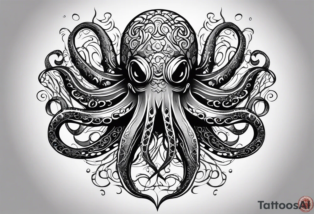 Tribal half sleeve octopus surrounded by ribbons of water waves filled with fish. a tribal sea turtle hidden in the lines of the head of the octopus. the octopus has no eyes. Use thick lines only with less detail tattoo idea