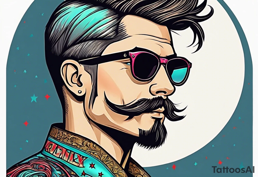 Attractive Male, oval face, 
Short mustache, tools, ray-bans, no hair on sides but pony-tail on top, biker tattoo idea