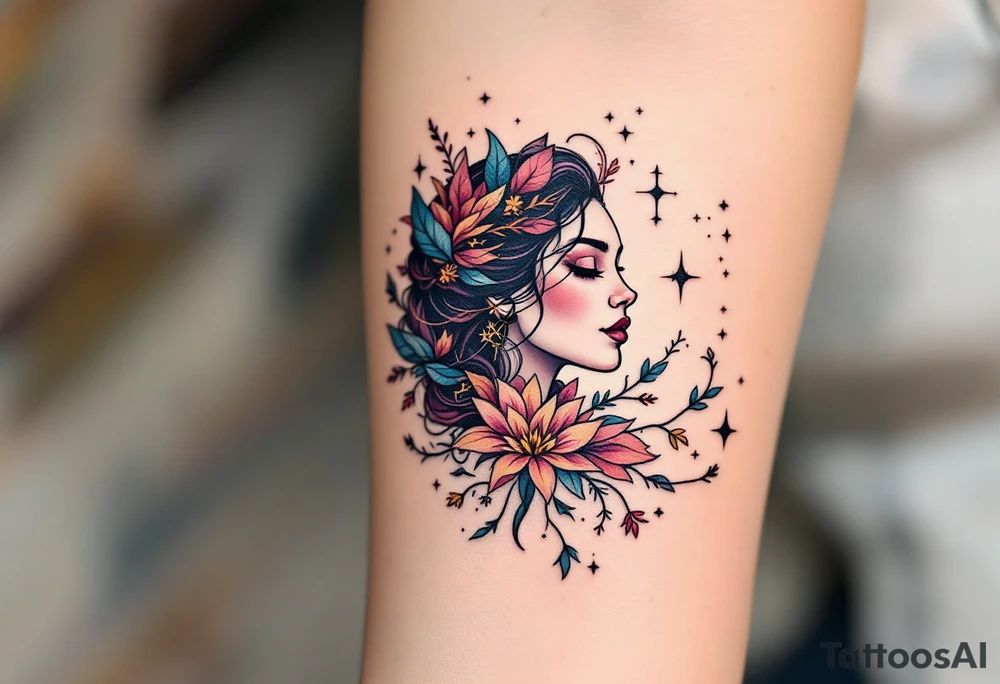 Fine black linework of the Virgo constellation curves behind a stylized goddess in plum and wine hues tattoo idea