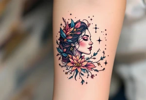 Fine black linework of the Virgo constellation curves behind a stylized goddess in plum and wine hues tattoo idea
