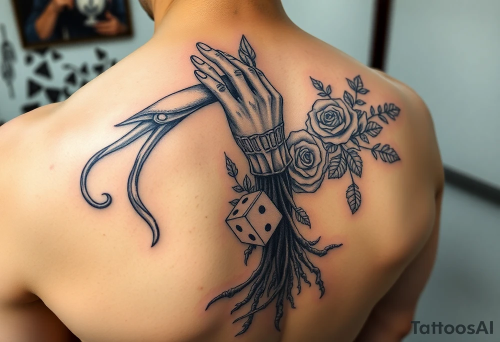 Gods hand, squid, knight with roses and tree roots rolling dice tattoo idea