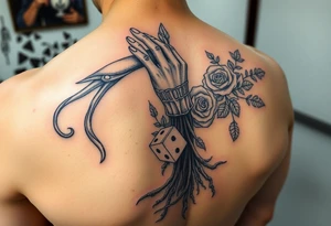Gods hand, squid, knight with roses and tree roots rolling dice tattoo idea