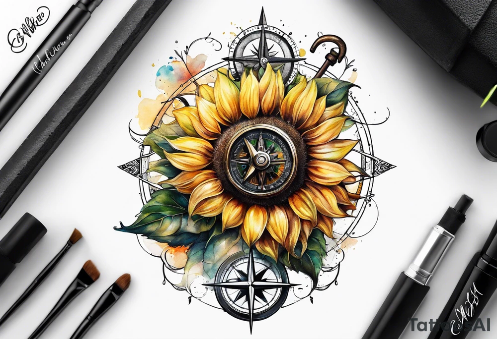 Sunflower next to a compass tattoo idea
