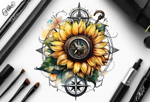 Sunflower next to a compass tattoo idea