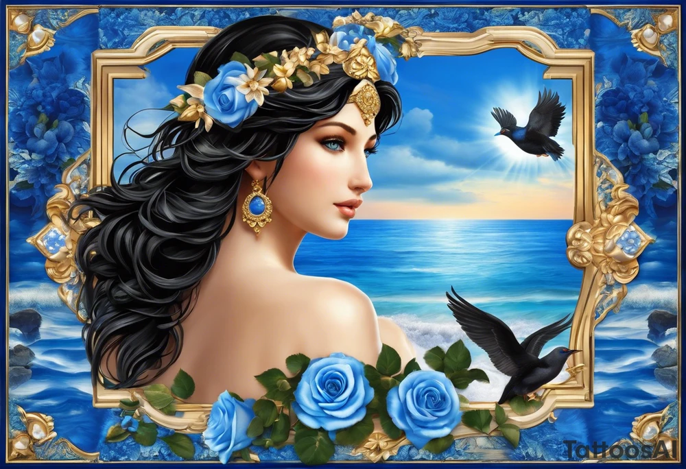 Aphrodite is the goddess of love, with a seaside background, surrounded by birds.. blue roses frames, background blue,present it in a, black hair, love motives, herat,motifs expressing love and the feeling of lovePortrait of Aphrodite: A face or full-length image of the goddess, often in a realistic style, perhaps decorated with flowers, seashells, or doves.

Symbols: Known symbols of Aphrodite include the rose, doves, shells and the mirror. These symbols can be displayed individually or in combination in a tattoo.

Mythological Scenes: Depictions of various mythological stories of Aphrodite, such as her birth from sea foam, as depicted in Botticelli's famous painting ("Birth of Venus").

Flowers: Roses or other flowers often associated with Aphrodite can give a particularly romantic and elegant look to your tattoo.

Mythological elements: Other mythological elements and figures associated with Aphrodite, such as Eros (Cupid), the god of love who is the son of Aphrodite. tattoo idea