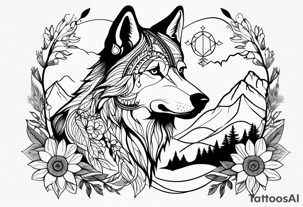 A whimsical wolf tattoo featuring mandala or dream catcher elements, with the wolf as the central focus, surrounded by mountains in the background. Include flowers and nature elements to fill the space around the wolf. tattoo idea