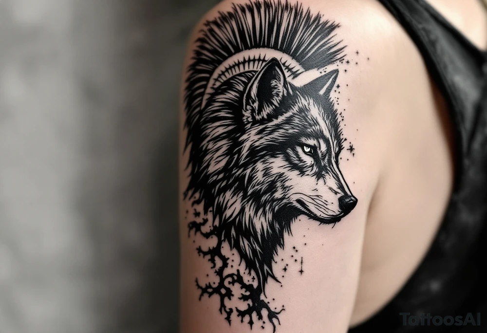 forearm tattoo of a spartan mixed to a wolf tattoo idea