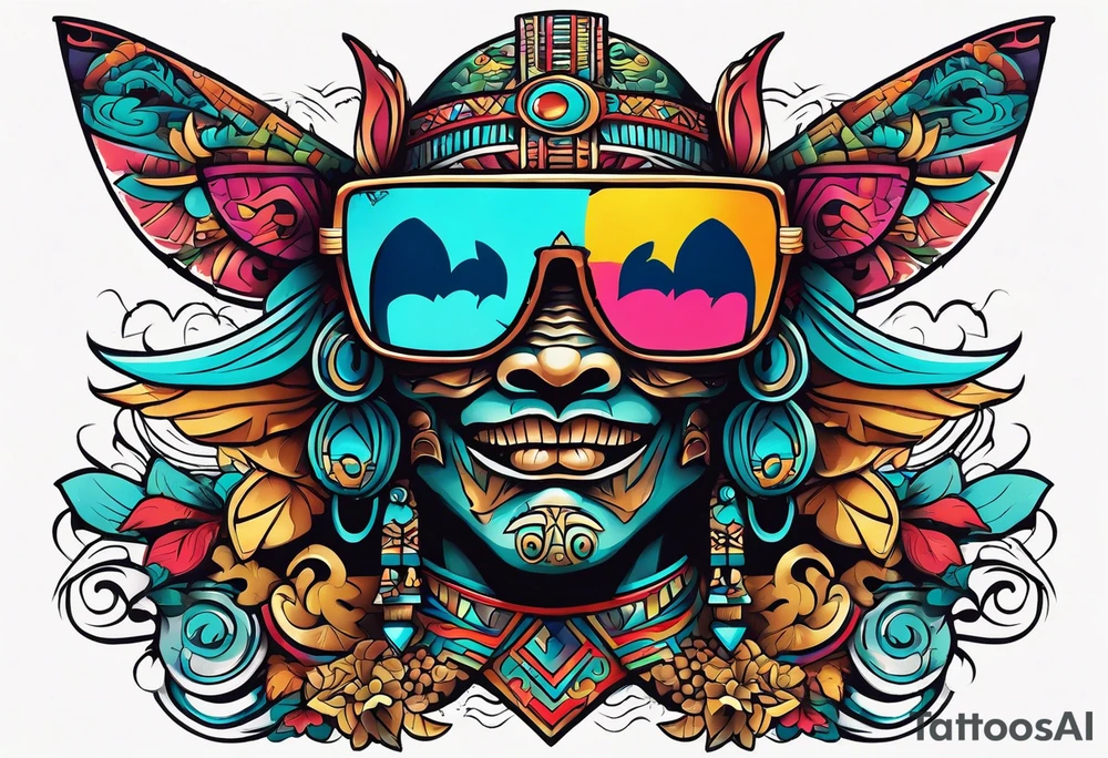 Colorful Mayan hieroglyph wearing sunglasses with waves and bats tattoo idea
