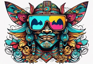 Colorful Mayan hieroglyph wearing sunglasses with waves and bats tattoo idea
