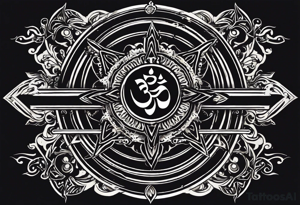 "Create an imposing and fearsome tattoo that combines traditional Hindu symbolism with a powerful, intimidating aura. Incorporate the trishul (trident) at the center, sharp and jagged like the ultimate weapon of divine retribution, with detailed engravings of storm-like energy flowing from its points. Surround this with a bold Om symbol at the core, pulsing with spiritual might, layered over intricate geometric patterns that radiate a sense of ancient power. Add elements like roaring serpents coiled around the design, ready to strike, symbolizing both divine protection and wrath. The edges of the band should feature bold tribal lines, each stroke aggressive yet precise, to reflect the fierce warrior aspect of Hindu deities. The overall design should feel like an impenetrable shield and a divine warning, blending spirituality with raw strength. tattoo idea