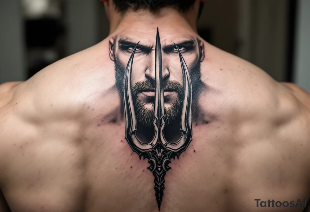 close-up muscular beardless man behind a trident tattoo idea