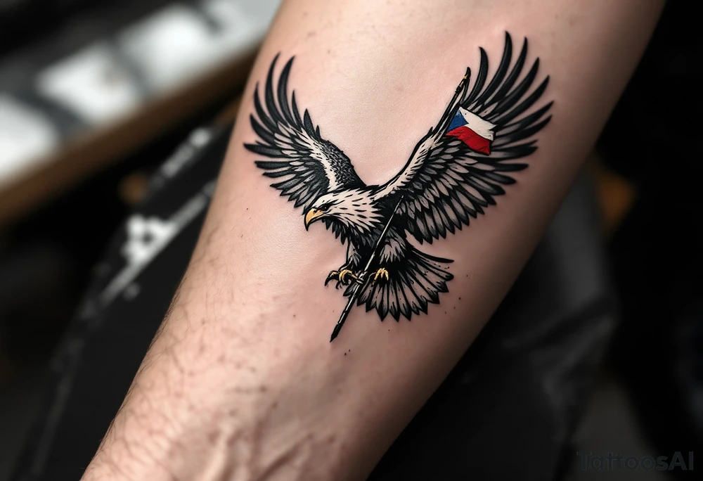 An eagle soaring over a Czech battlefield, carrying a battle-scarred flag, with dramatic light and shadow effects. tattoo idea