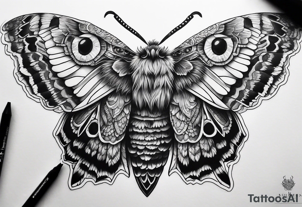 Dead head moth with long wings and owl eyes tattoo idea