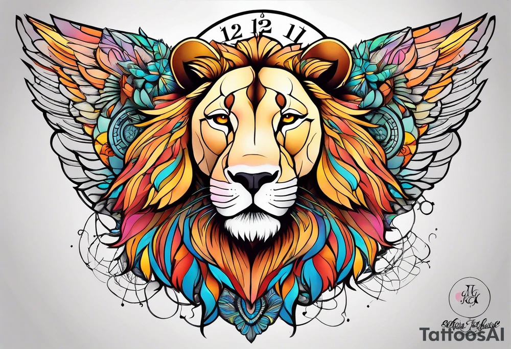 Lioness with wings clock tattoo idea