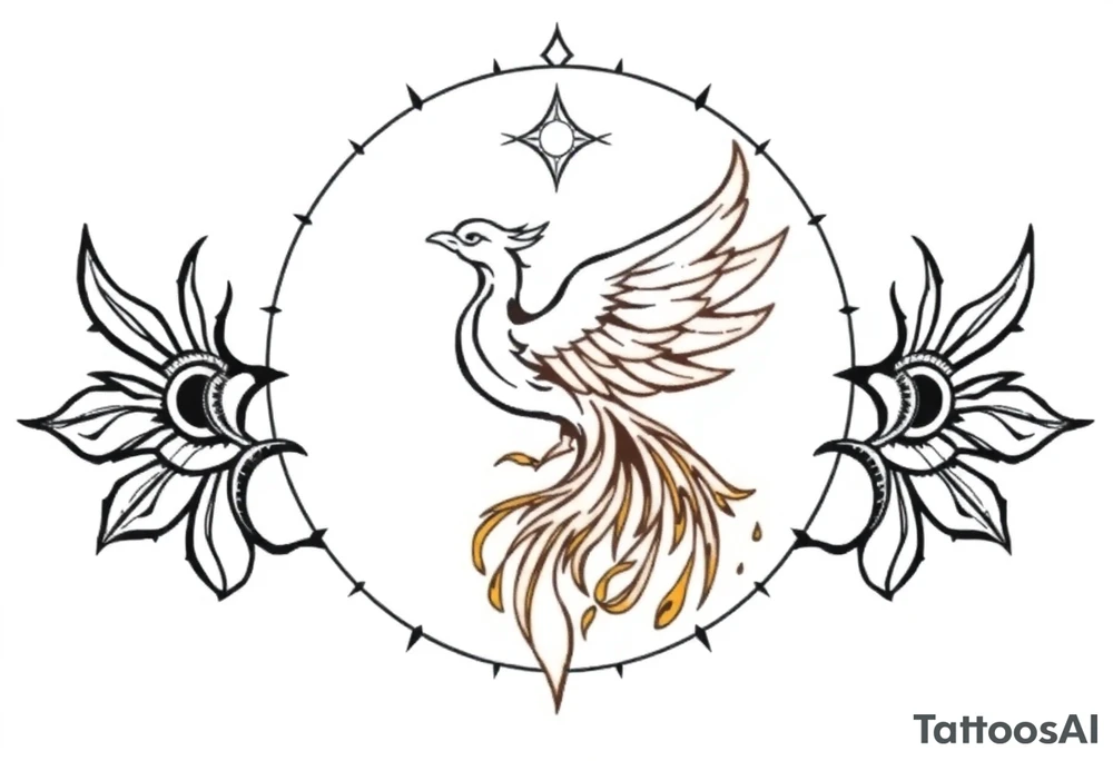 magical phoenix rising from golden flames with trailing embers surrounded by geometric sun and moon tattoo idea