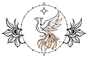 magical phoenix rising from golden flames with trailing embers surrounded by geometric sun and moon tattoo idea