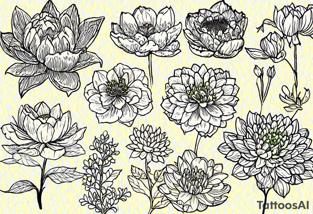I want a full sleeve that tells the story of the people most important to me. I want my daughter’s birth flowers. One daughter’s birth flowers are larkspur and water lily. My second daughters birth flowers are chrysanthemum and peony. I also want a Palm tree and juniper tree represented because their names are Palmer and Juniper. I want my husband and I represent in some way as well. My husbands birth flowers are Iris and violet. My birth flowers are hawthorn and lily of the valley. tattoo idea
