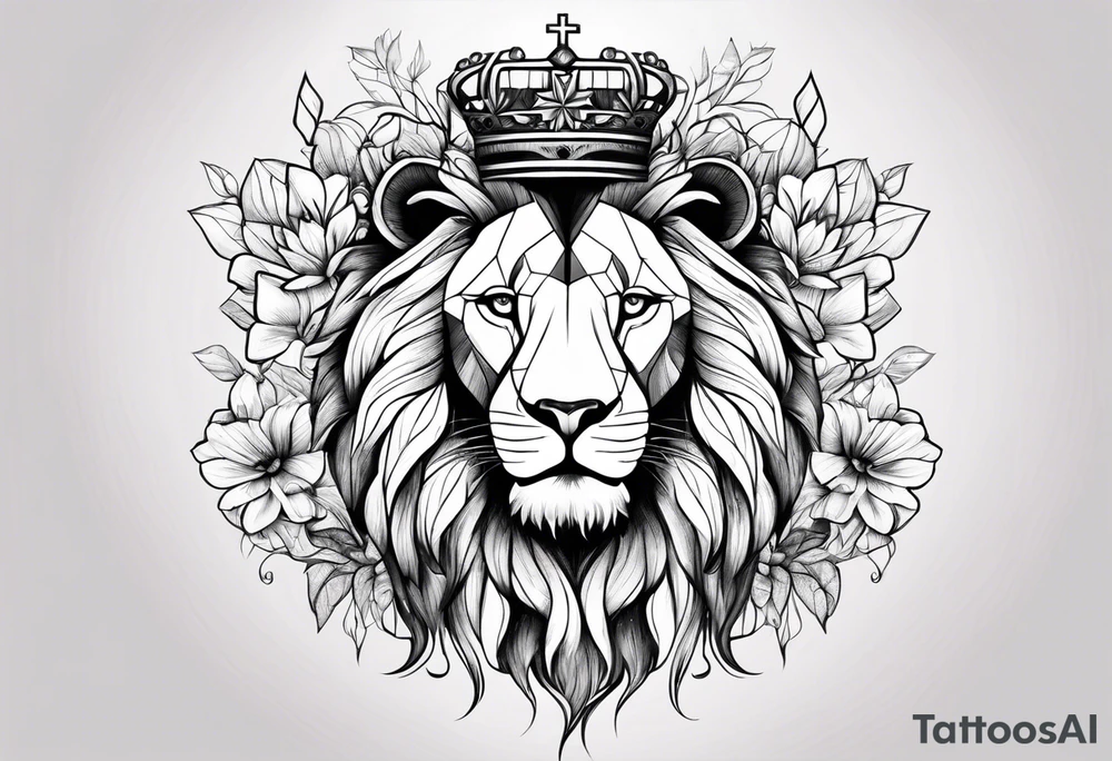 Lion flowers crown cross tattoo idea
