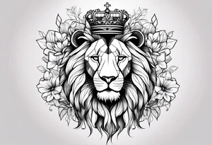 Lion flowers crown cross tattoo idea