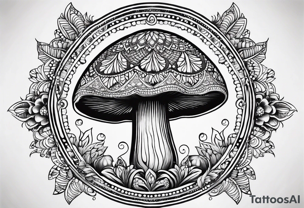 Black mushroom tattoo with henna style mandala design surrounding it tattoo idea