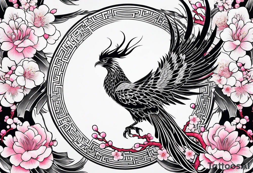 traditional Japanese phoenix and pink cherry blossoms blank background tattoo idea