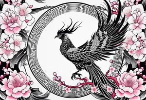 traditional Japanese phoenix and pink cherry blossoms blank background tattoo idea