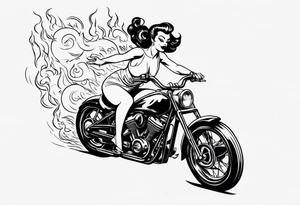 pinup doll riding a motorcycle  through flames tattoo idea