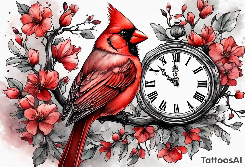 Trees, flowers, clock, red cardinal, representing growth from grief tattoo idea