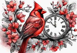 Trees, flowers, clock, red cardinal, representing growth from grief tattoo idea