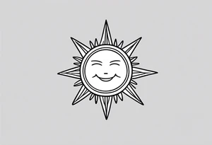 black tiny simple sun. a circle with simple strings. tiny smiley in the sun. thin lines. tattoo idea