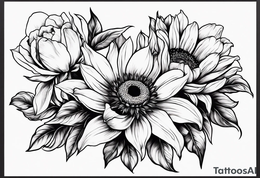 Floral design with sunflower, lily, peony, cherry blossom and tulip tattoo idea