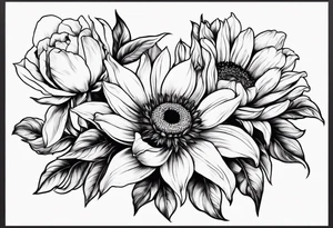 Floral design with sunflower, lily, peony, cherry blossom and tulip tattoo idea