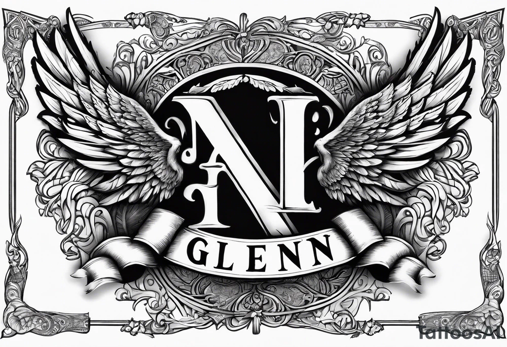 The word Glenn on a banner with angel Wings tattoo idea