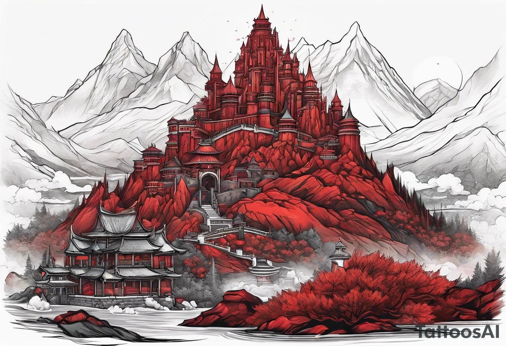 red mountains which there are two fantasies castles. tattoo idea