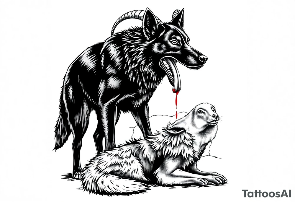 Belgian black sheepdog with a bloody mouth standing over a defeated wolf with sheep in the background tattoo idea