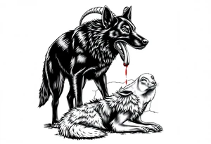 Belgian black sheepdog with a bloody mouth standing over a defeated wolf with sheep in the background tattoo idea