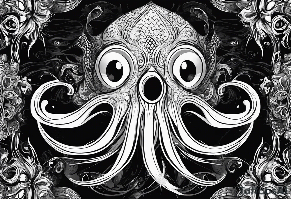 The equivalent of a horror and bizarre squid avatar. twisting and intersecting lines, making it look very wild and chaotic. The eyes of the squid are particularly prominent, one of them is white and the other is black, the overall expression is crazy and intense, with some distressed or damaged texture effects. tattoo idea
