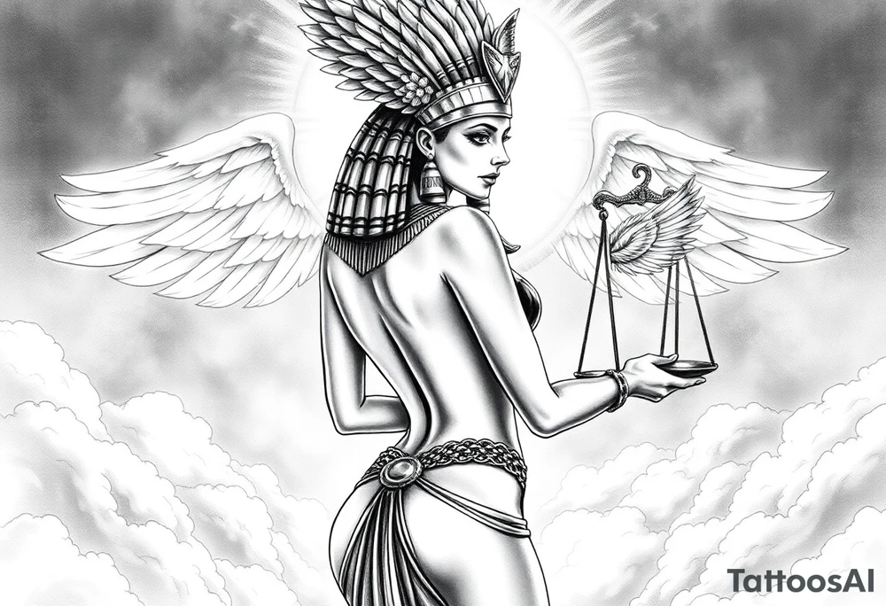 Sexy Egyptian goddess with a curvy body, slightly turned So you can see her ass. She is wearing an ostrich feather headdress, and intricate ancient Egyptian jewelry. Background includes something similar to heaven. Incorporate the Scales of Justice—one side holding a heart, the other Ma’at’s feather—glowing with ethereal energy. Emphasize dramatic lighting, deep shadows, and surreal, mystical atmosphere tattoo idea