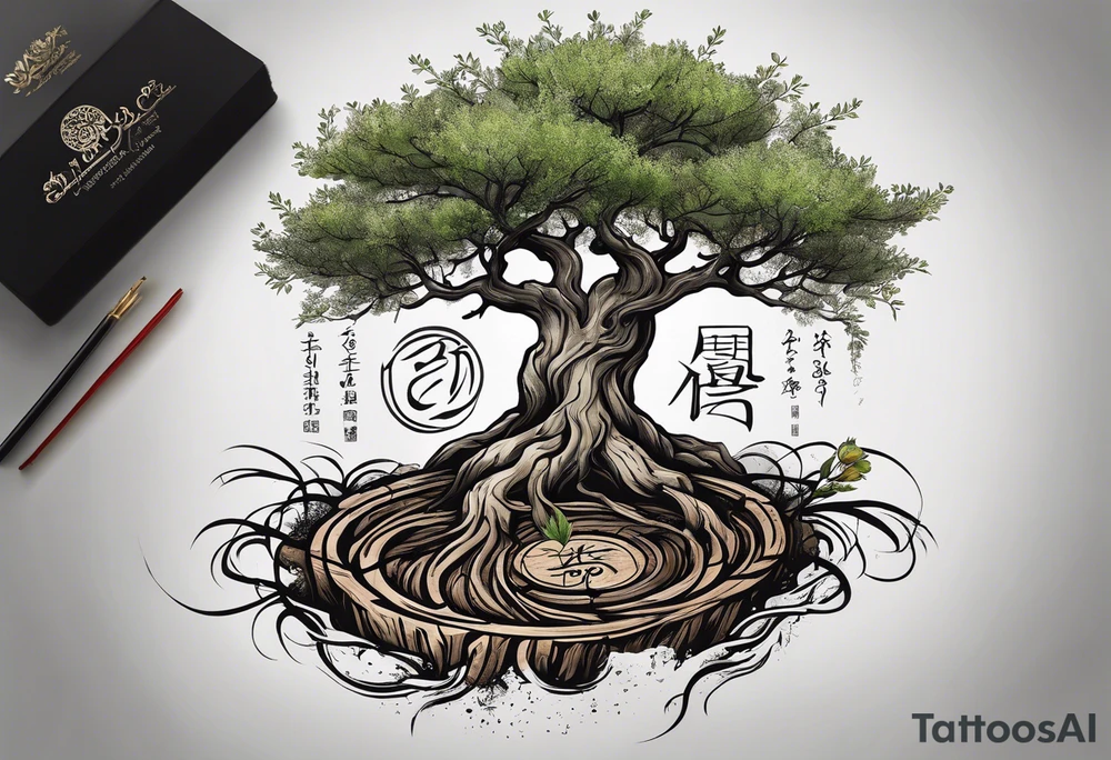 And olive tree with exposed roots, writing out “patience” in Korean, next to a tree stump with exposed rings, and a small Poppy flower growing out of the ground tattoo idea