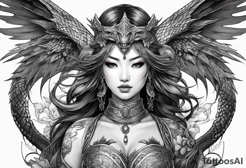 beautiful warrior nymph with dragon wings and dragon friend tattoo idea