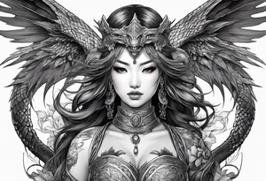 beautiful warrior nymph with dragon wings and dragon friend tattoo idea