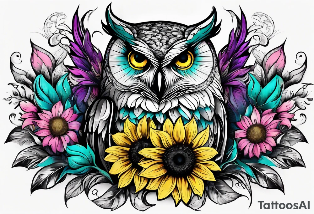 Half arm sleeve black and white owl shaded teal, pink and purple surrounded by yellow sunflowers tattoo idea