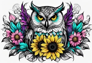 Half arm sleeve black and white owl shaded teal, pink and purple surrounded by yellow sunflowers tattoo idea