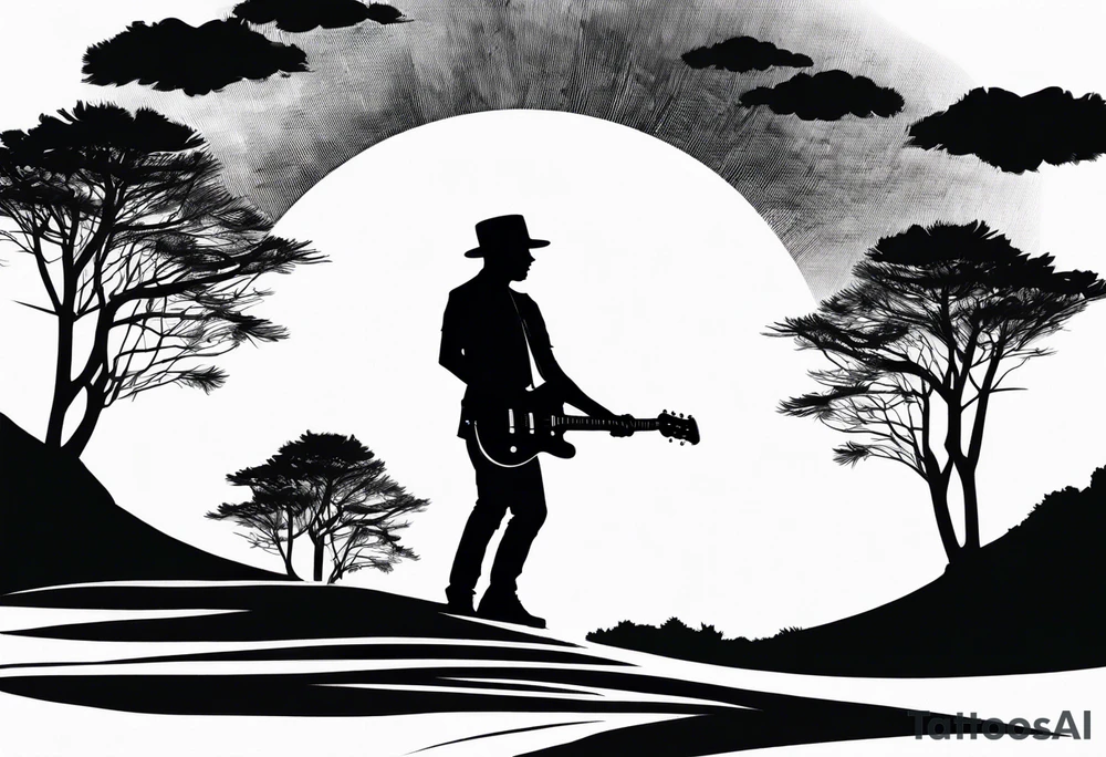 silhouette of a man standing under a pine tree playing electric guitar tattoo idea