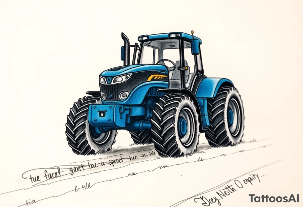 A detailed blue tractor with headlights glowing, standing proudly on a freshly tilled farm field. tattoo idea