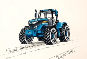 A detailed blue tractor with headlights glowing, standing proudly on a freshly tilled farm field. tattoo idea